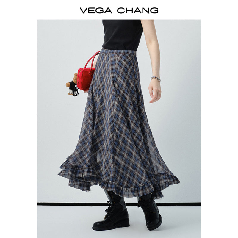 Diamond Plaid Chiffon Skirt With Asymmetric Hem