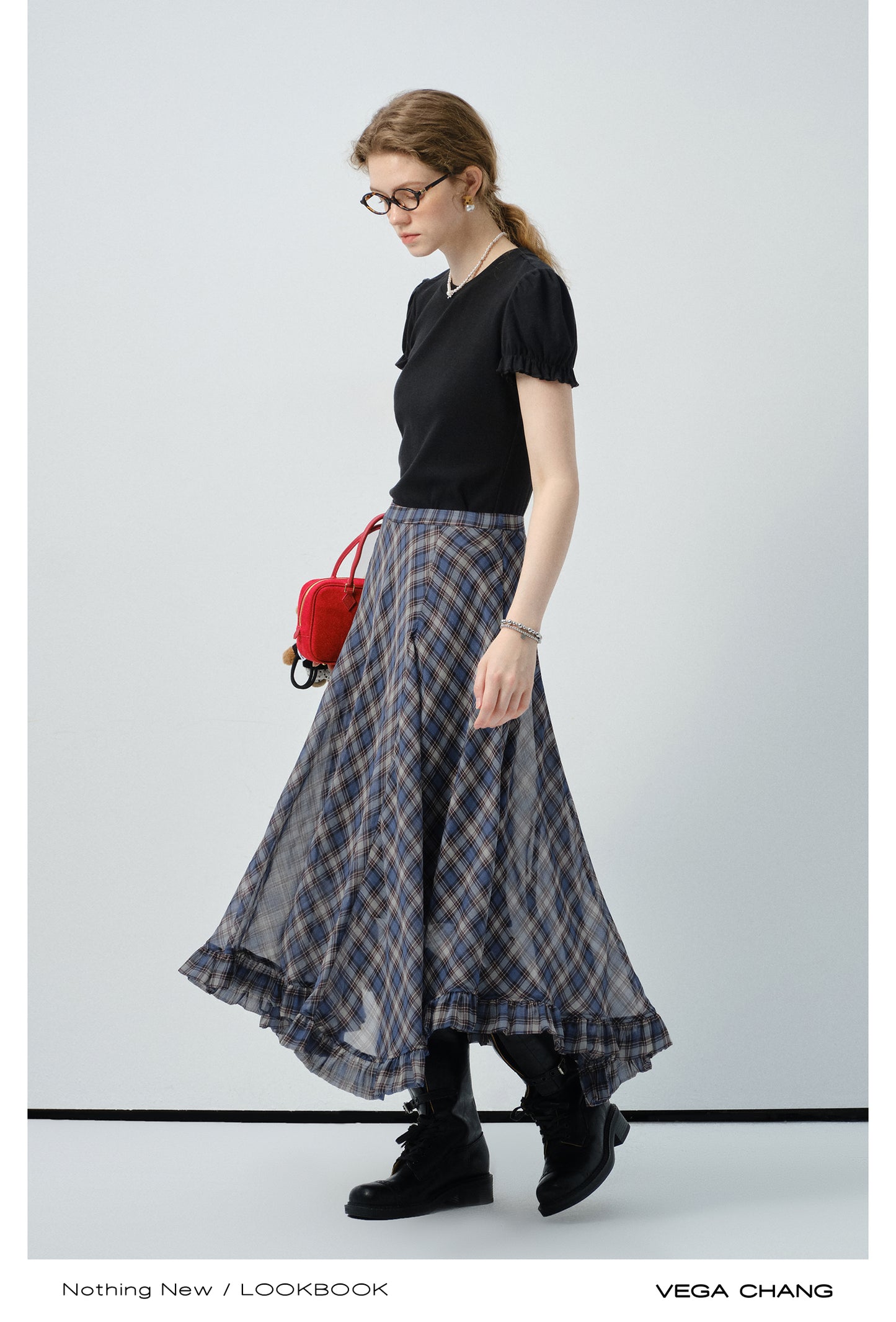 Diamond Plaid Chiffon Skirt With Asymmetric Hem