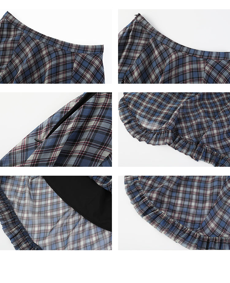 Diamond Plaid Chiffon Skirt With Asymmetric Hem