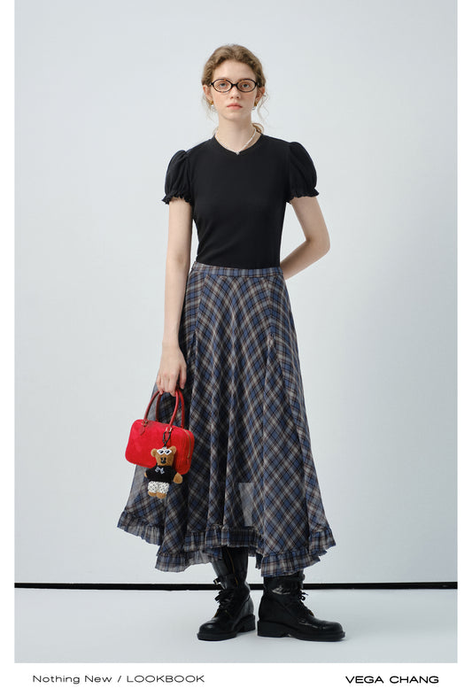 Diamond Plaid Chiffon Skirt With Asymmetric Hem