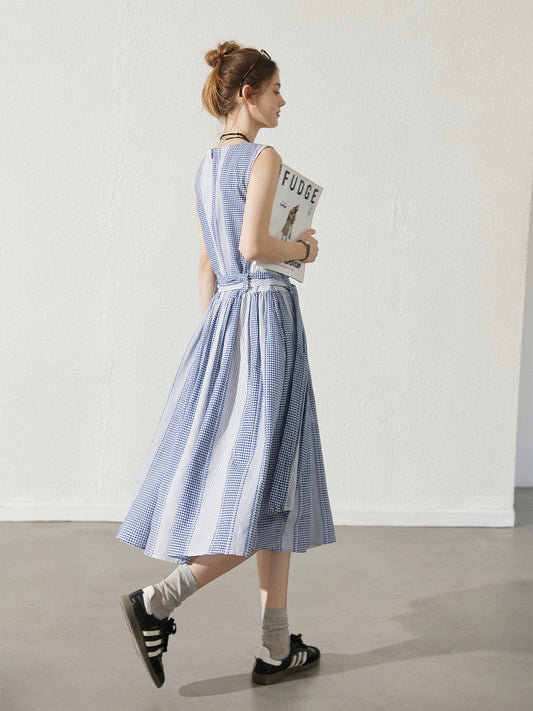 V-Neck Tie-Belt Sleeveless Check Dress