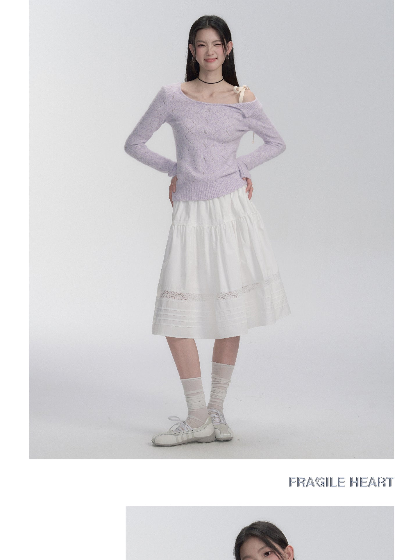 One-Shoulder Eyelet Knit Sweater With Ribbon Strap