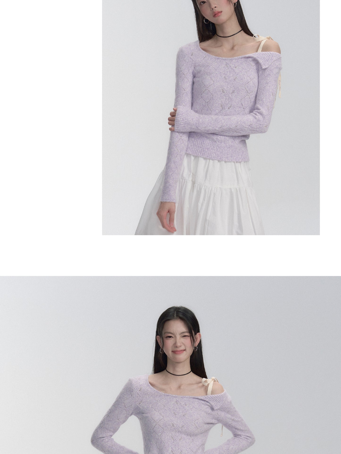 One-Shoulder Eyelet Knit Sweater With Ribbon Strap