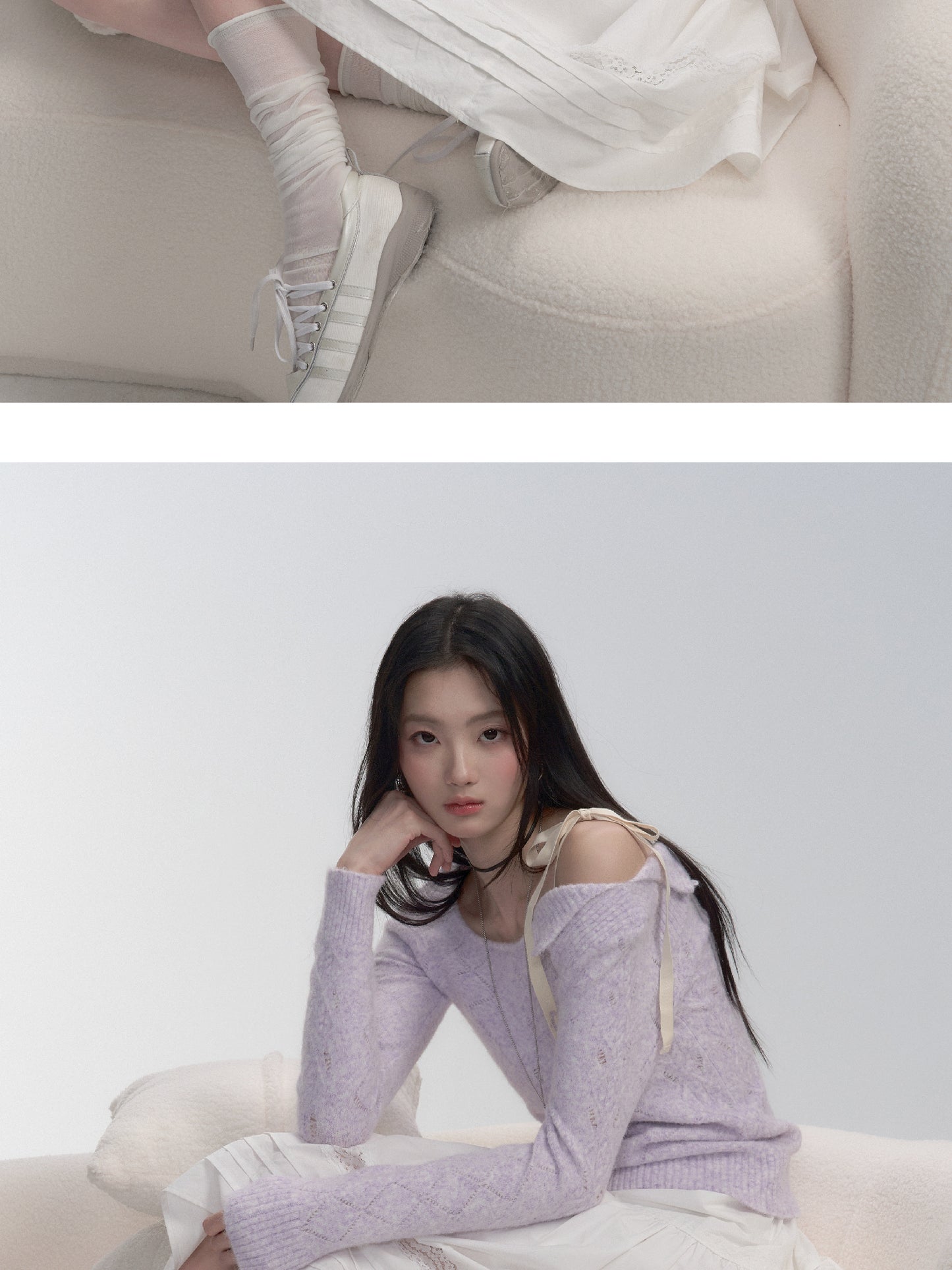 One-Shoulder Eyelet Knit Sweater With Ribbon Strap