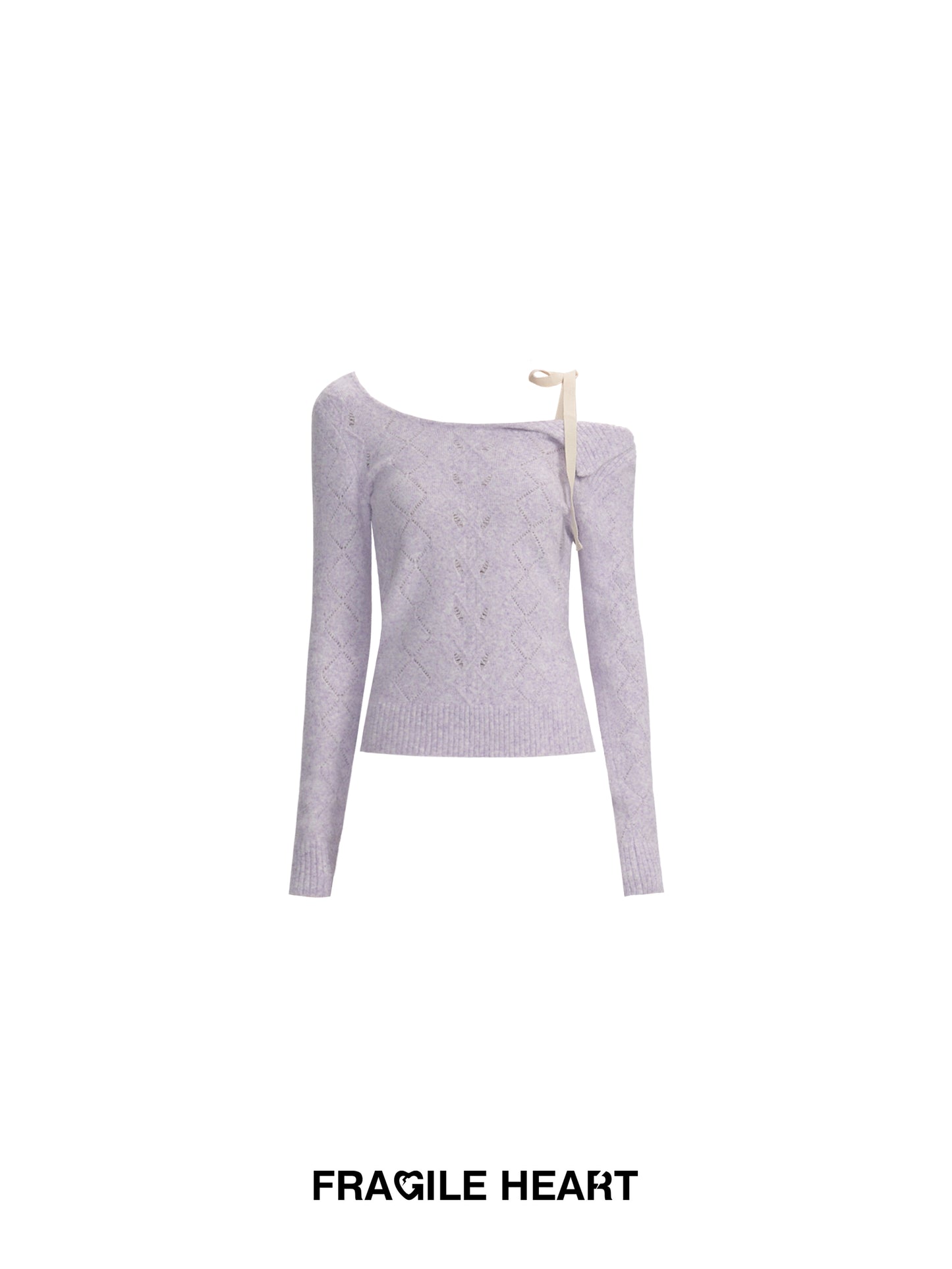 One-Shoulder Eyelet Knit Sweater With Ribbon Strap