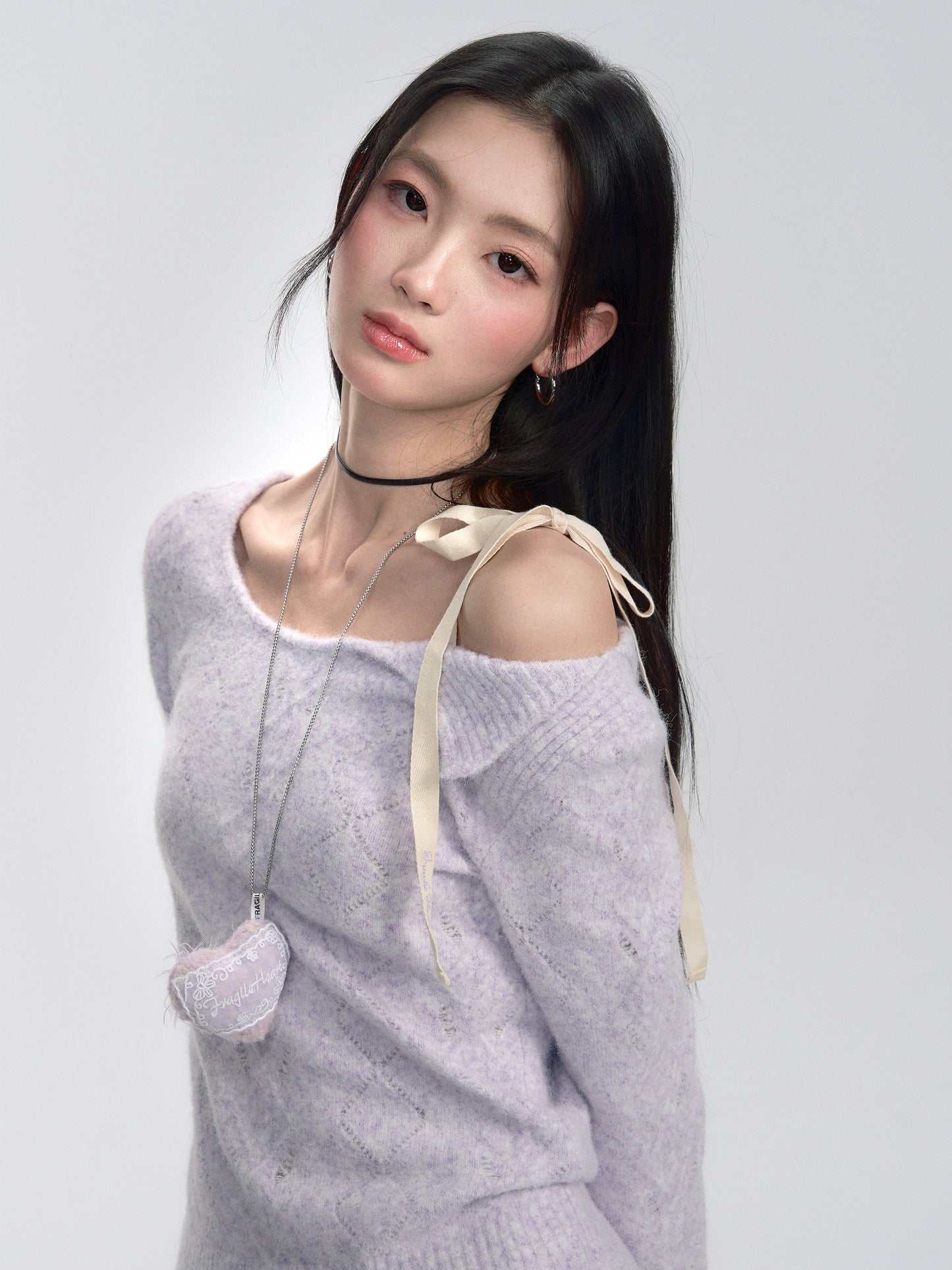 One-Shoulder Eyelet Knit Sweater With Ribbon Strap