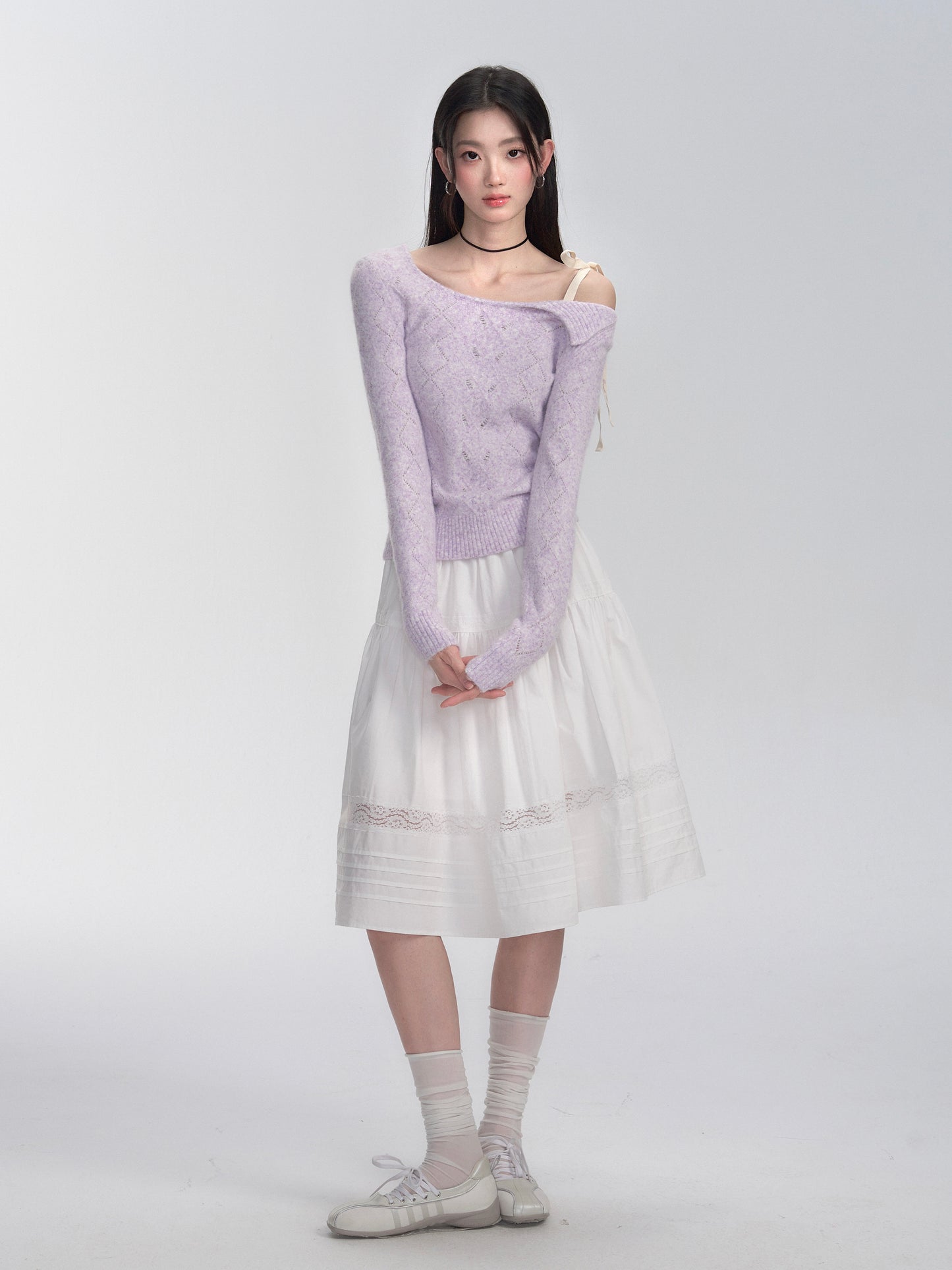 One-Shoulder Eyelet Knit Sweater With Ribbon Strap