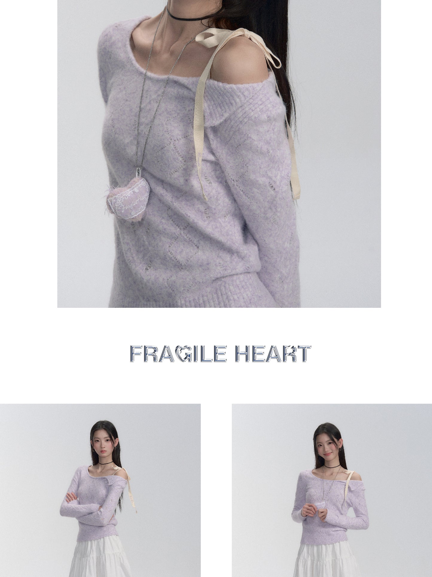 One-Shoulder Eyelet Knit Sweater With Ribbon Strap