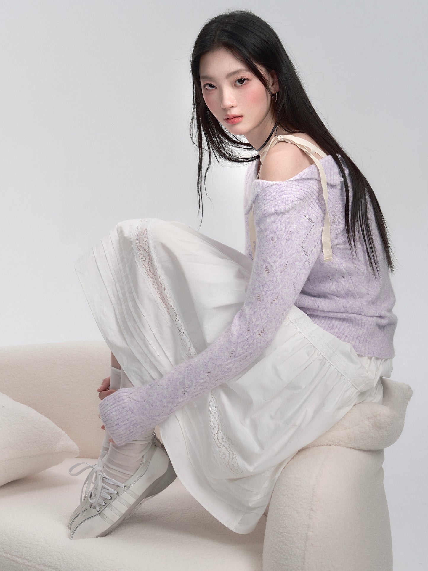 One-Shoulder Eyelet Knit Sweater With Ribbon Strap