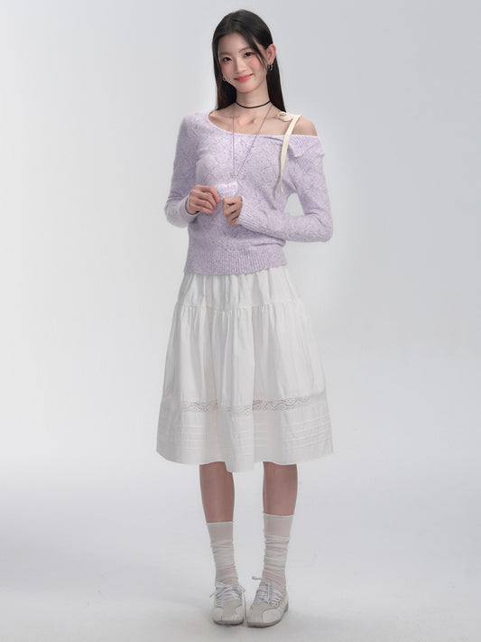 One-Shoulder Eyelet Knit Sweater With Ribbon Strap