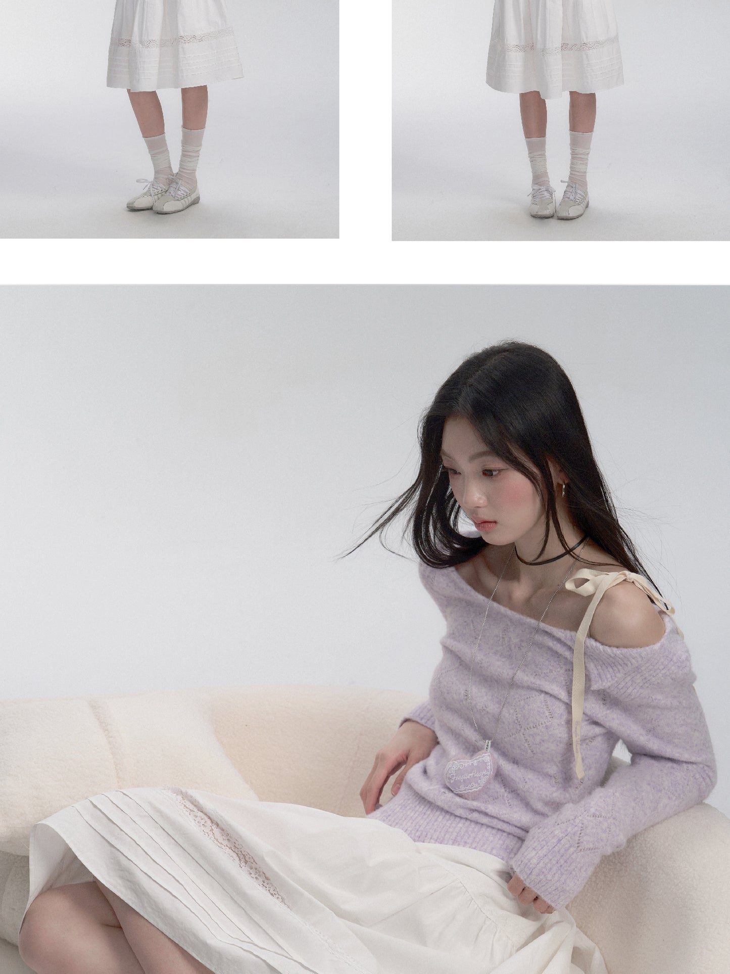 One-Shoulder Eyelet Knit Sweater With Ribbon Strap