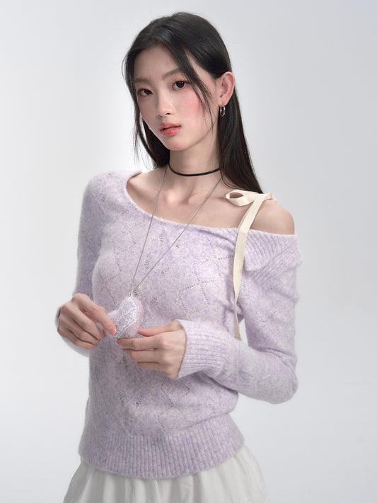 One-Shoulder Eyelet Knit Sweater With Ribbon Strap