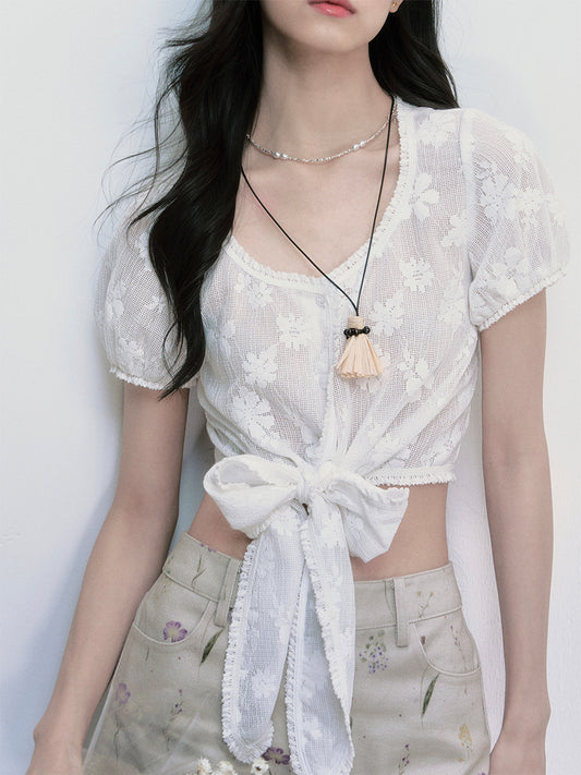 Floral Cropped Blouse With Tie Hem