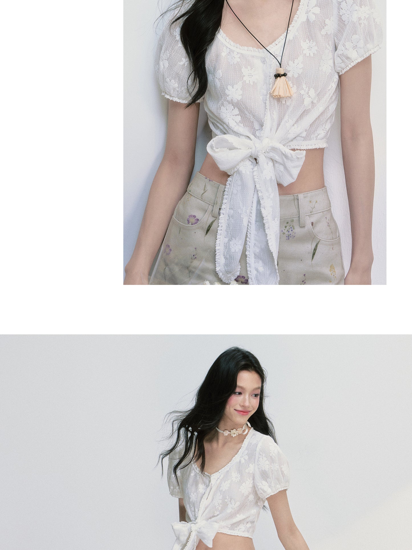 Floral Cropped Blouse With Tie Hem