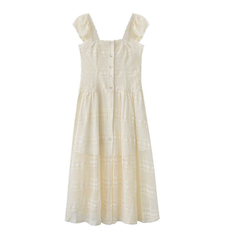 Flutter-Sleeve Sheer Lace Dress