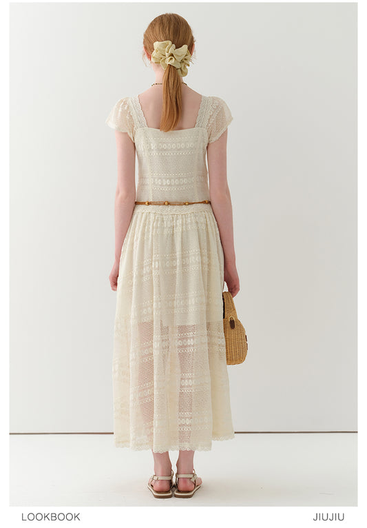 Flutter-Sleeve Sheer Lace Dress