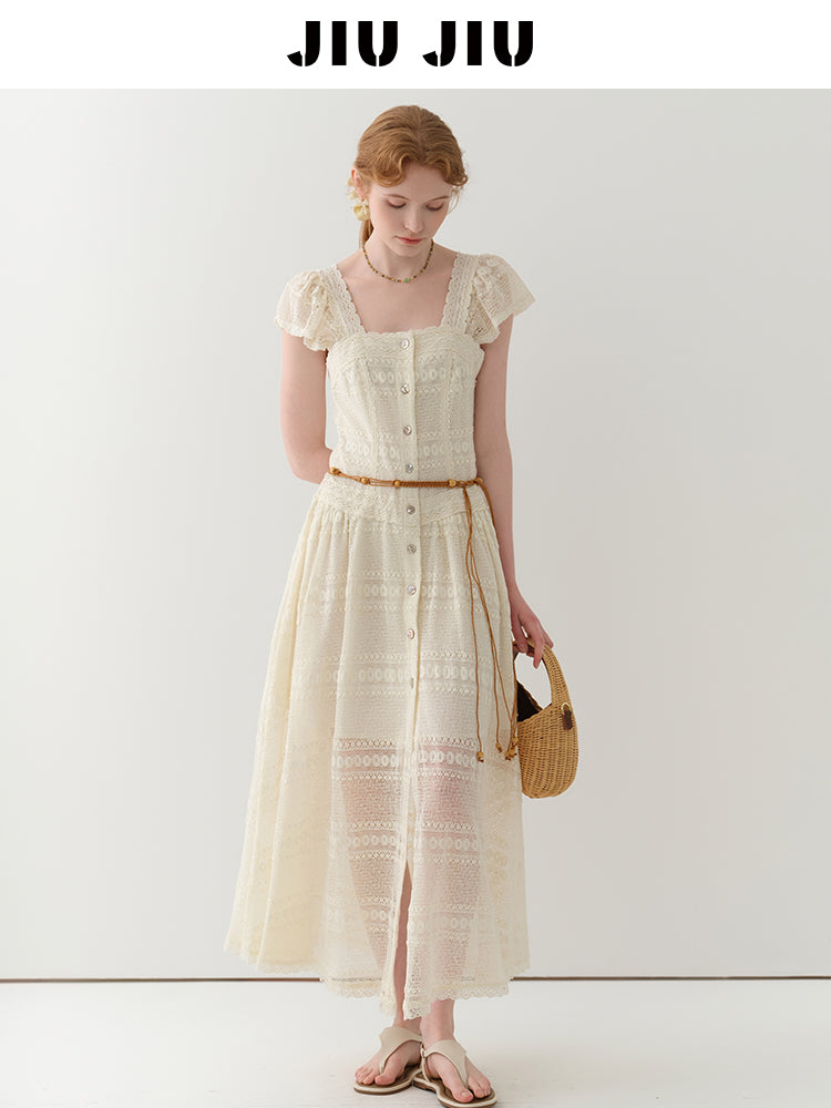 Flutter-Sleeve Sheer Lace Dress