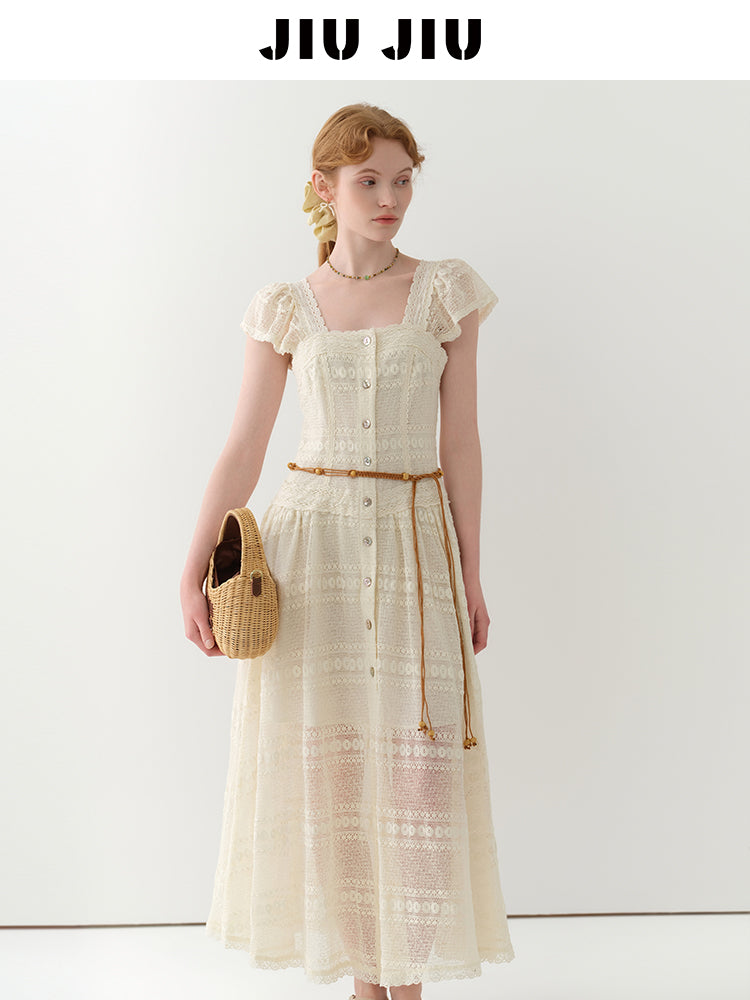 Flutter-Sleeve Sheer Lace Dress