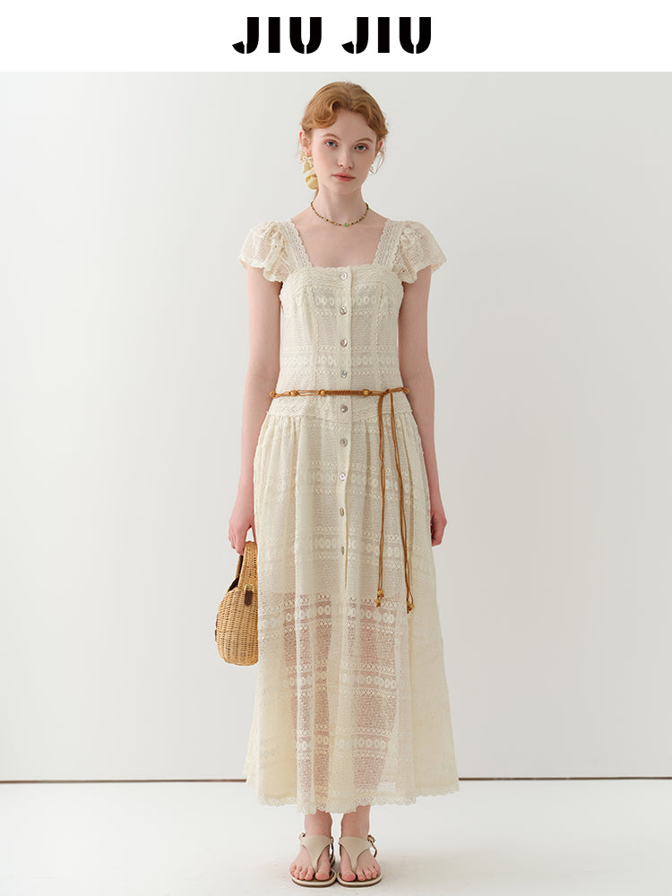 Flutter-Sleeve Sheer Lace Dress