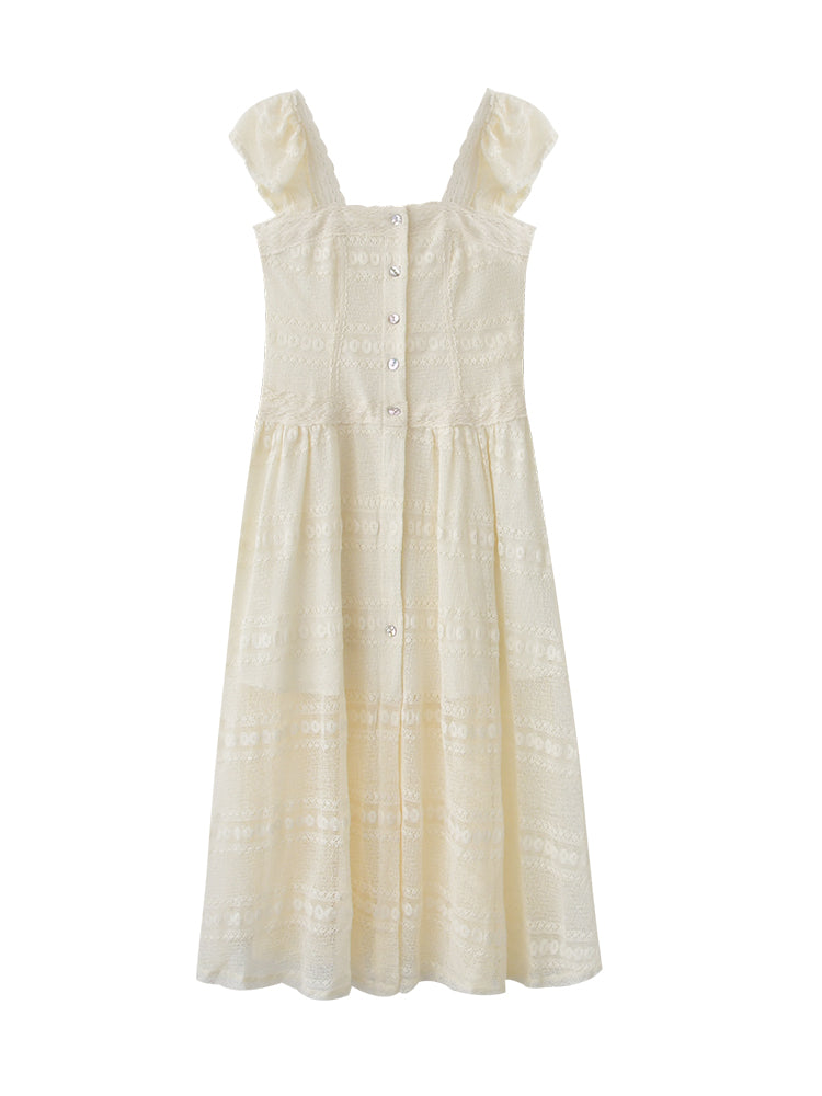 Flutter-Sleeve Sheer Lace Dress
