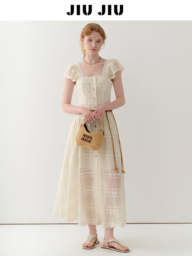 Flutter-Sleeve Sheer Lace Dress