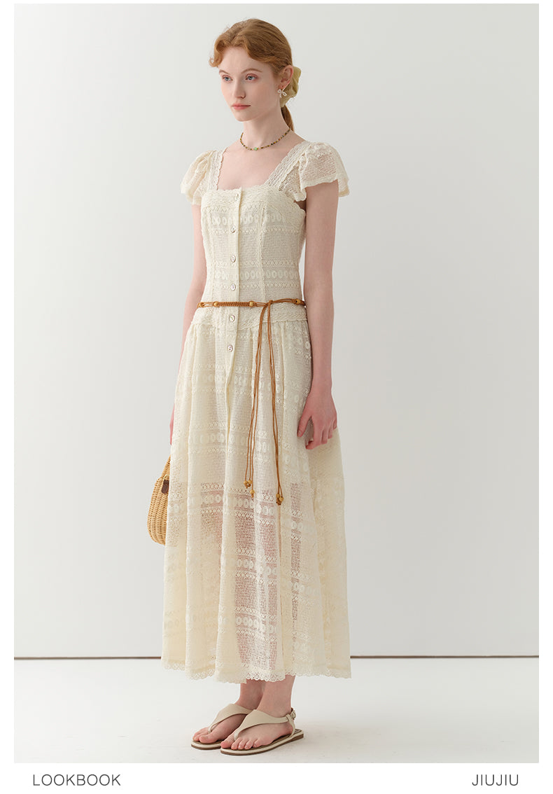 Flutter-Sleeve Sheer Lace Dress