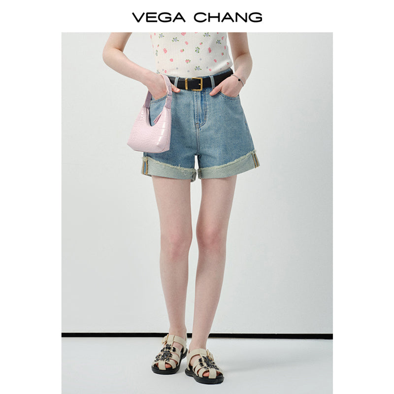 Frayed Roll-Up Denim Shorts