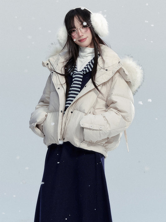 White Duck Down Puffer Jacket With Detachable Fur Trim
