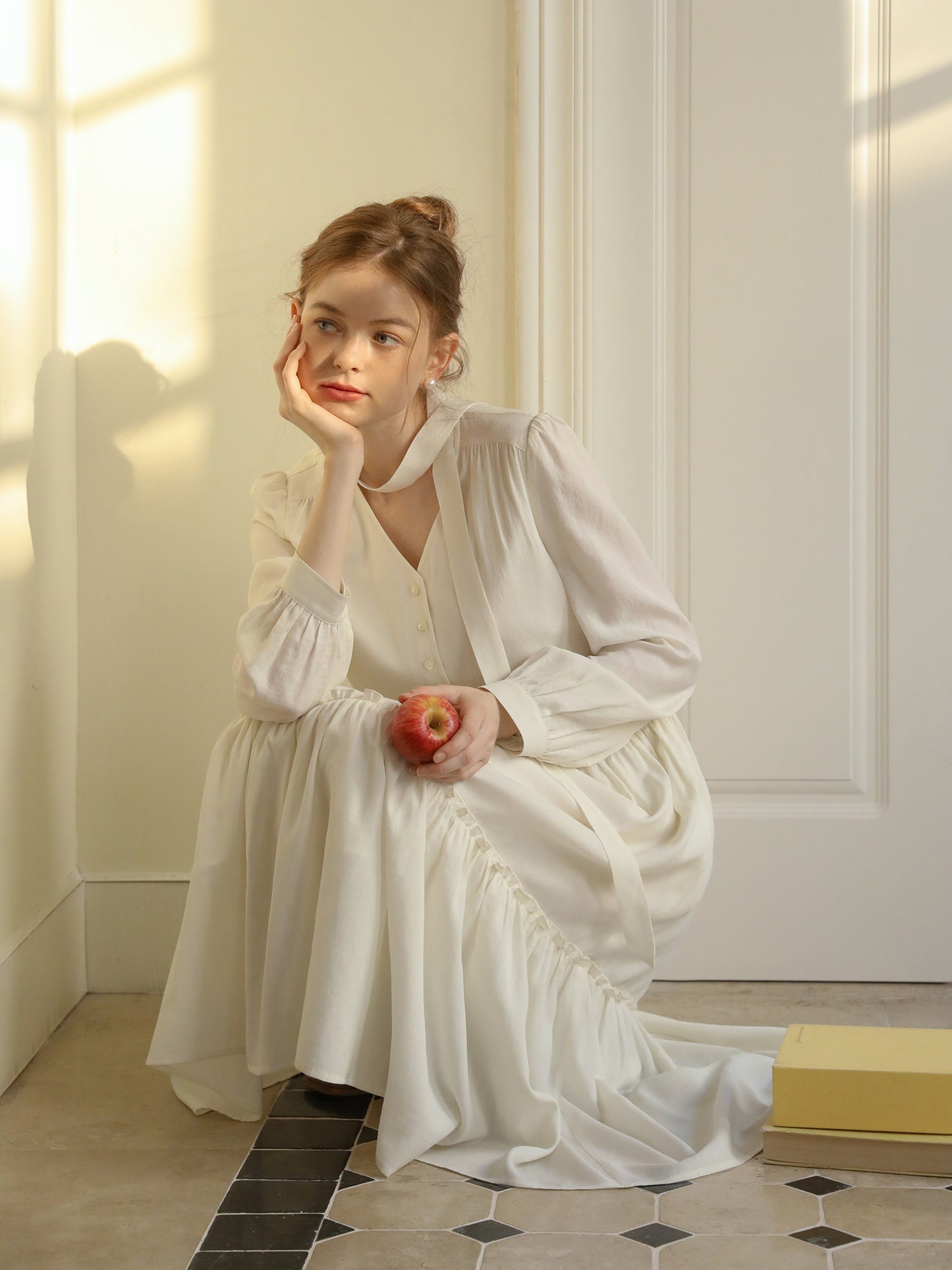 V-Neck Button-Front Dress With Gather Detail