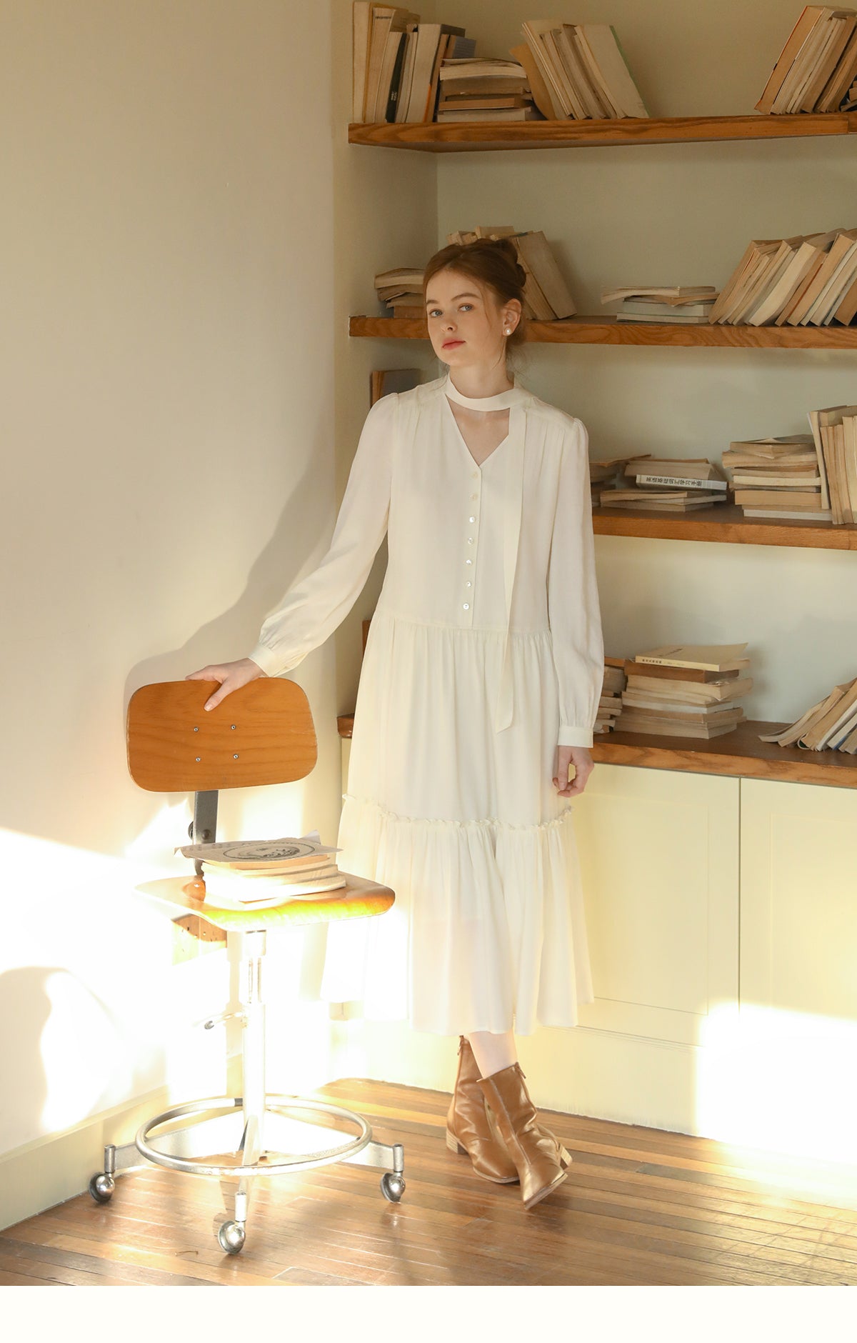 V-Neck Button-Front Dress With Gather Detail