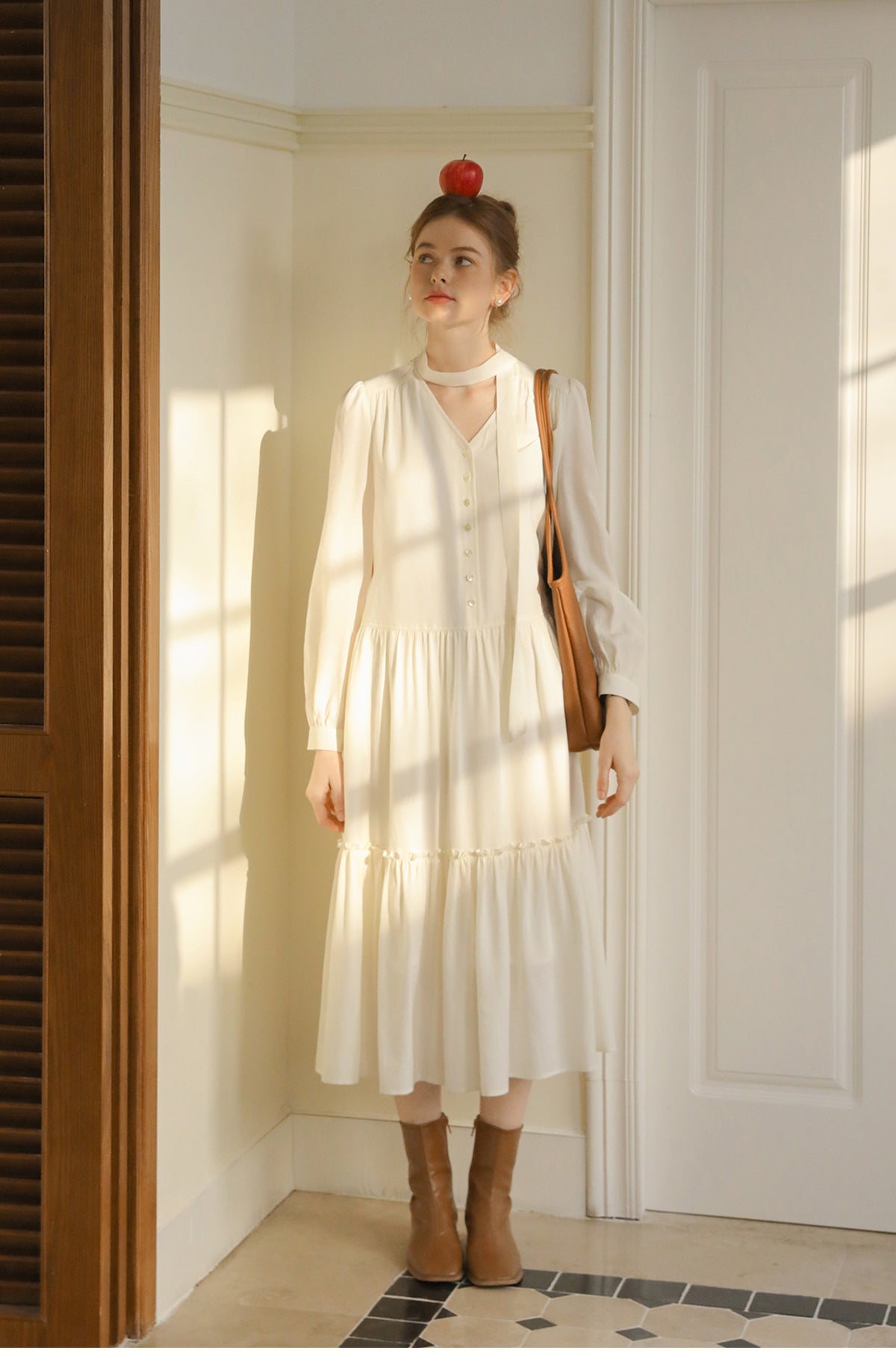 V-Neck Button-Front Dress With Gather Detail