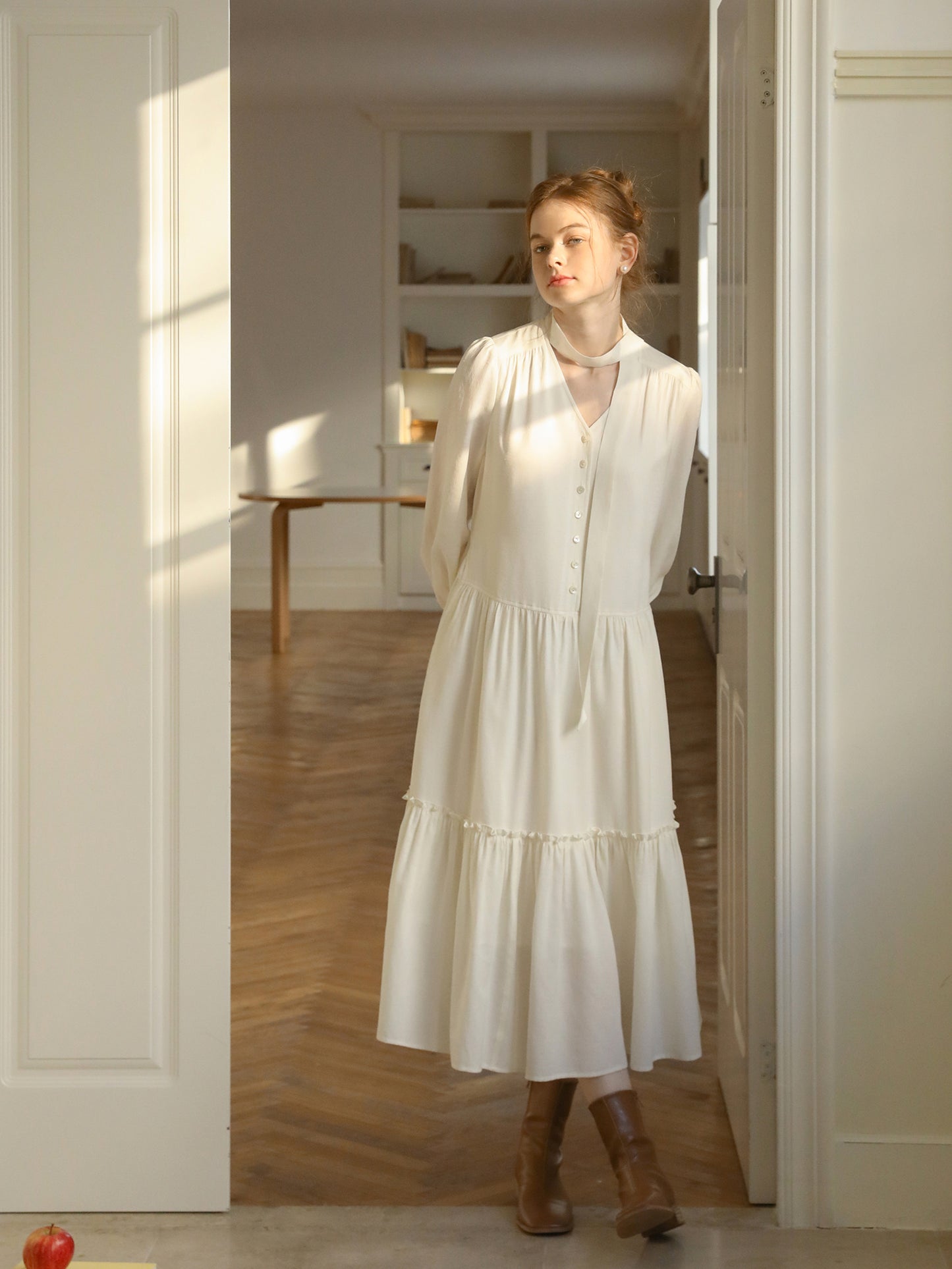 V-Neck Button-Front Dress With Gather Detail