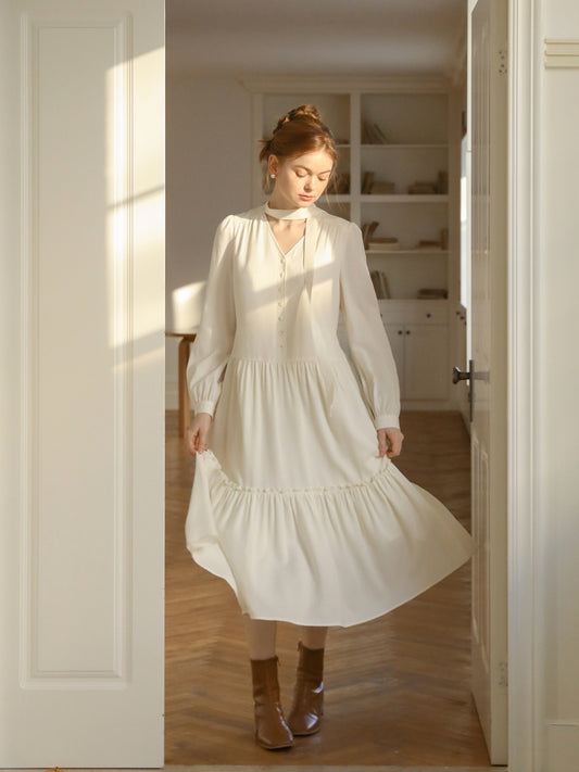 V-Neck Button-Front Dress With Gather Detail