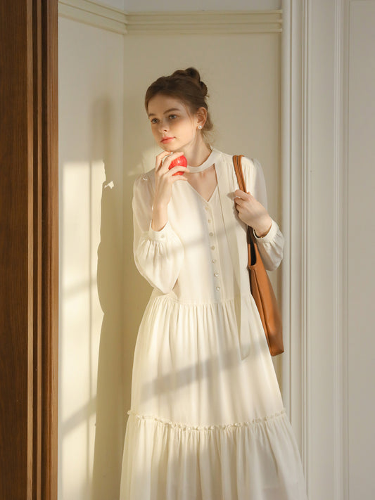 V-Neck Button-Front Dress With Gather Detail