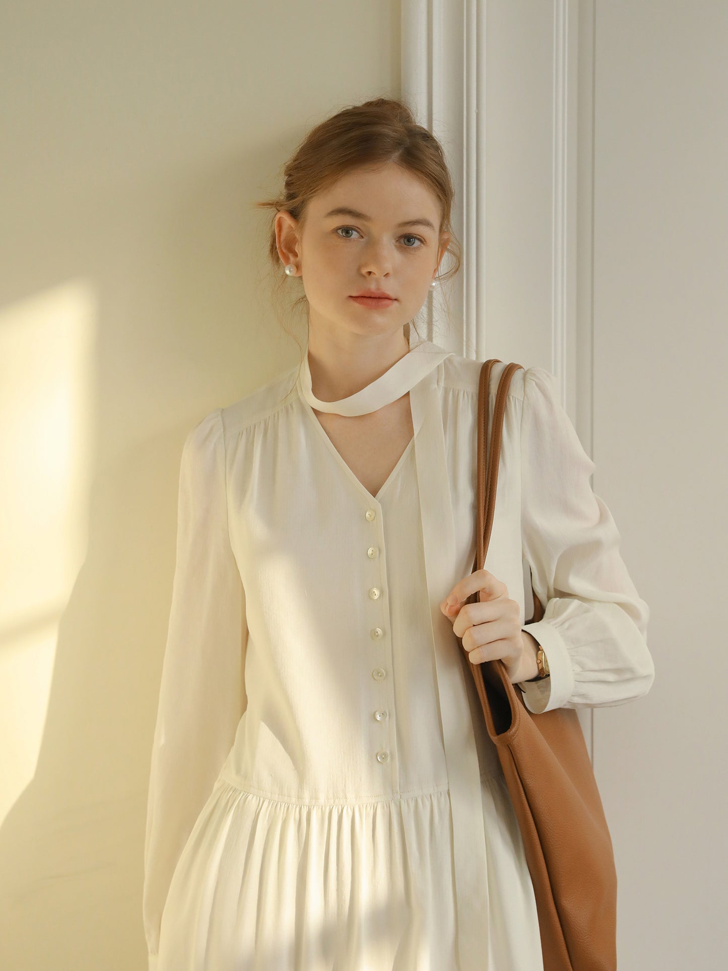 V-Neck Button-Front Dress With Gather Detail