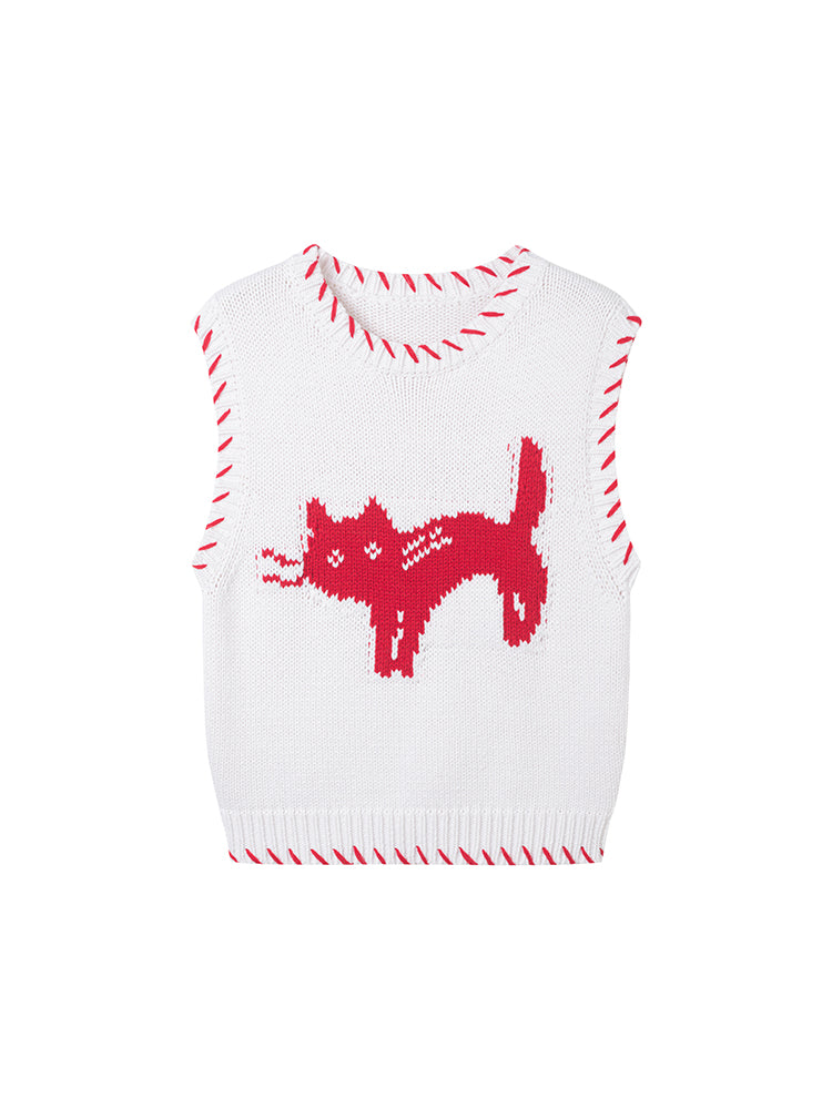Cat Motif Cotton Blend Contrast Color Vest