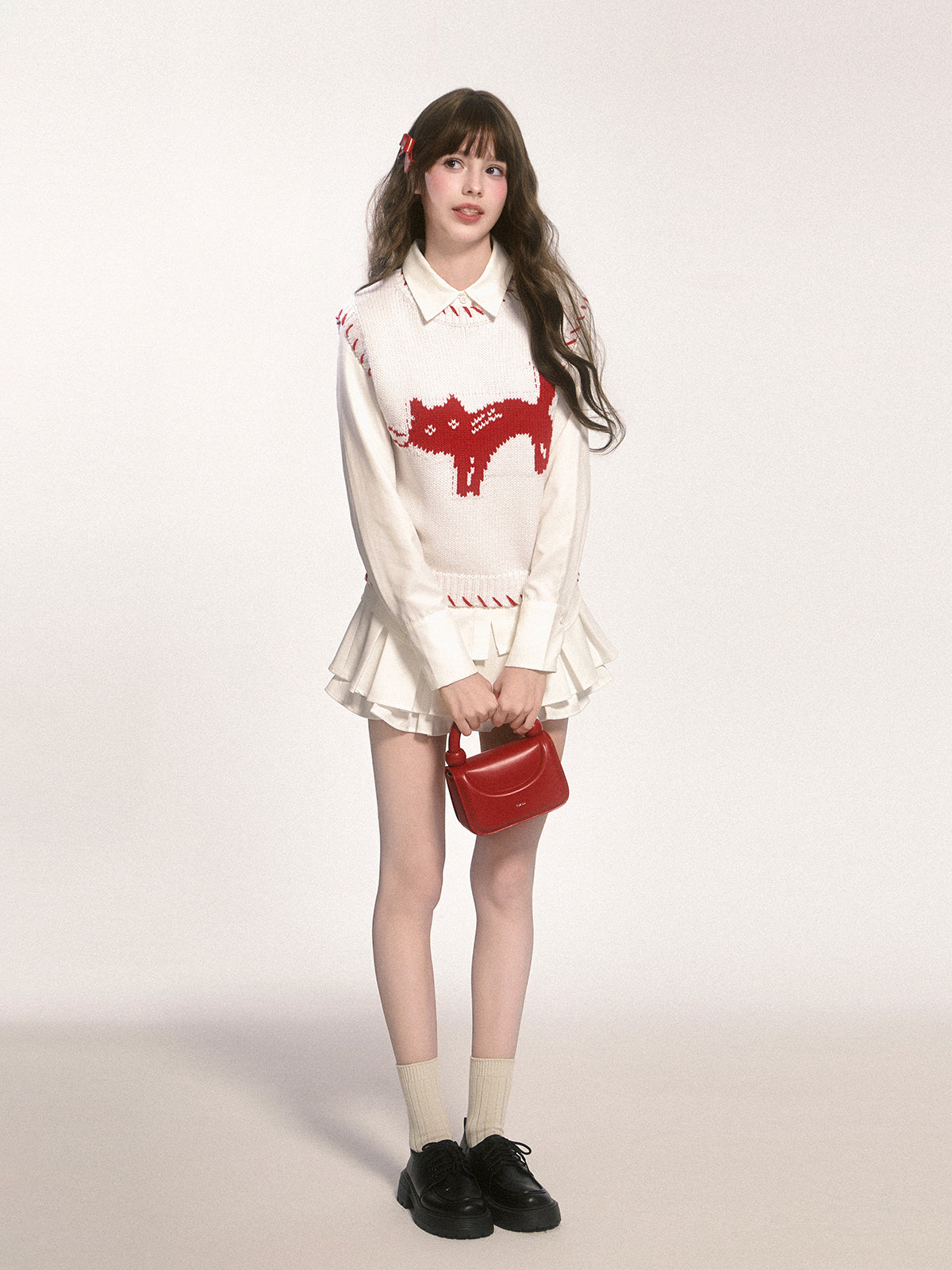 Cat Motif Cotton Blend Contrast Color Vest