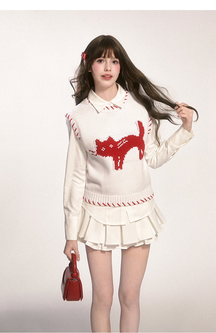 Cat Motif Cotton Blend Contrast Color Vest