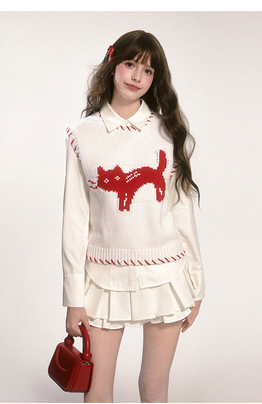 Cat Motif Cotton Blend Contrast Color Vest