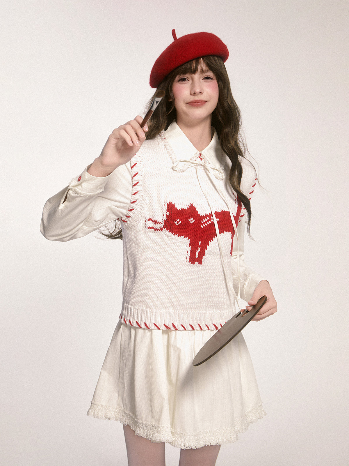Cat Motif Cotton Blend Contrast Color Vest