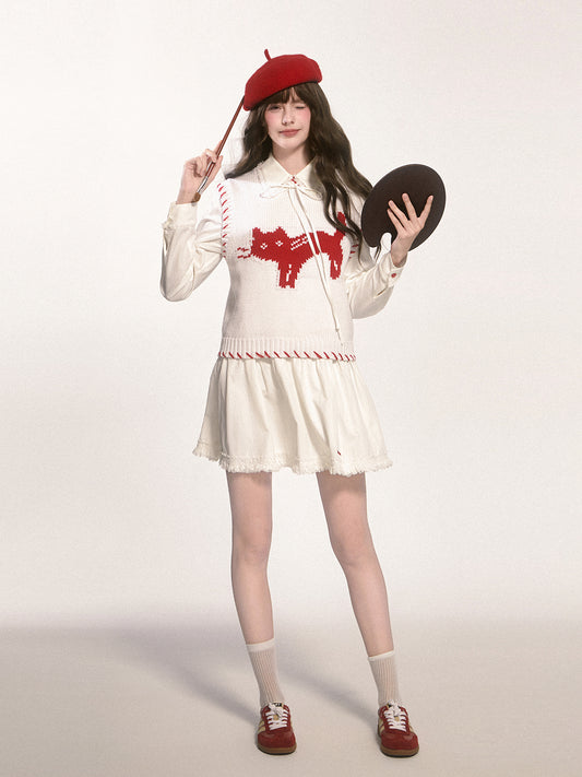 Cat Motif Cotton Blend Contrast Color Vest