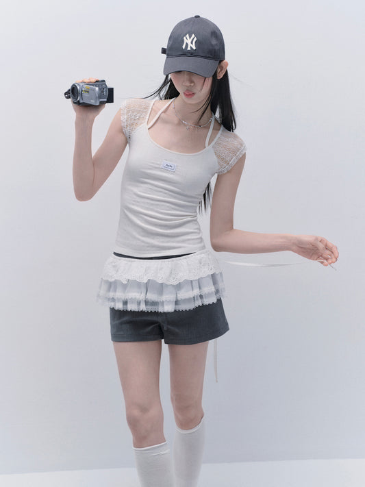 Fitted Lace Top With Cap Sleeves