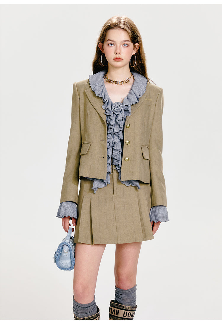 Herringbone Short Blazer And Pleated Skirt