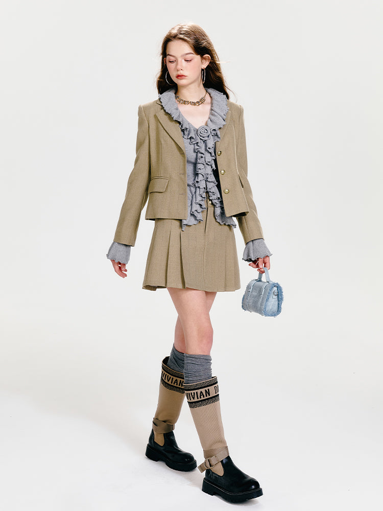 Herringbone Short Blazer And Pleated Skirt