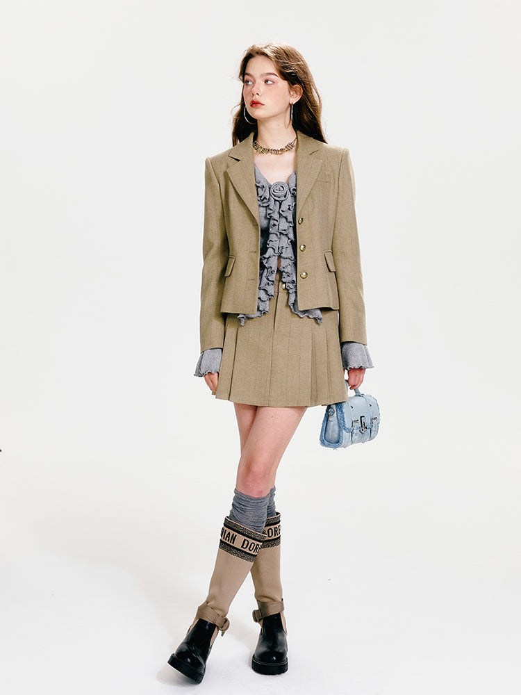 Herringbone Short Blazer And Pleated Skirt