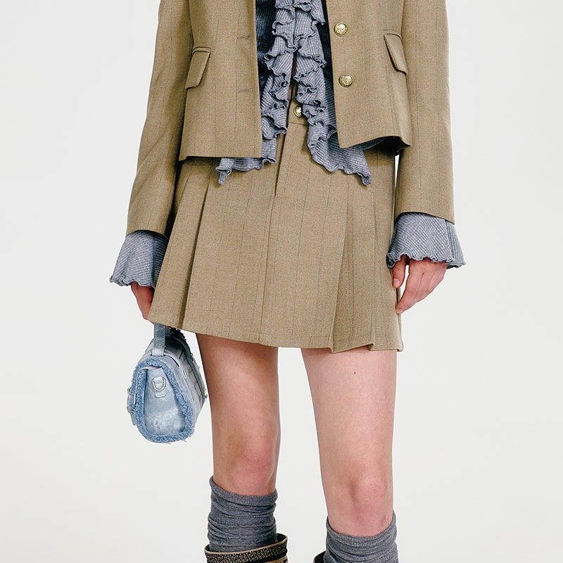 Herringbone Short Blazer And Pleated Skirt