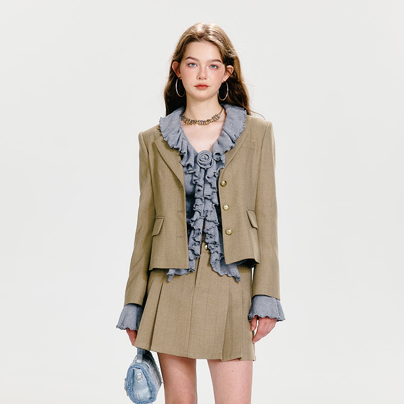 Herringbone Short Blazer And Pleated Skirt