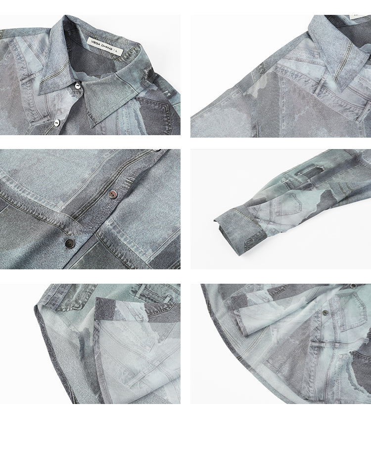 Denim-Print Button-Up Shirt