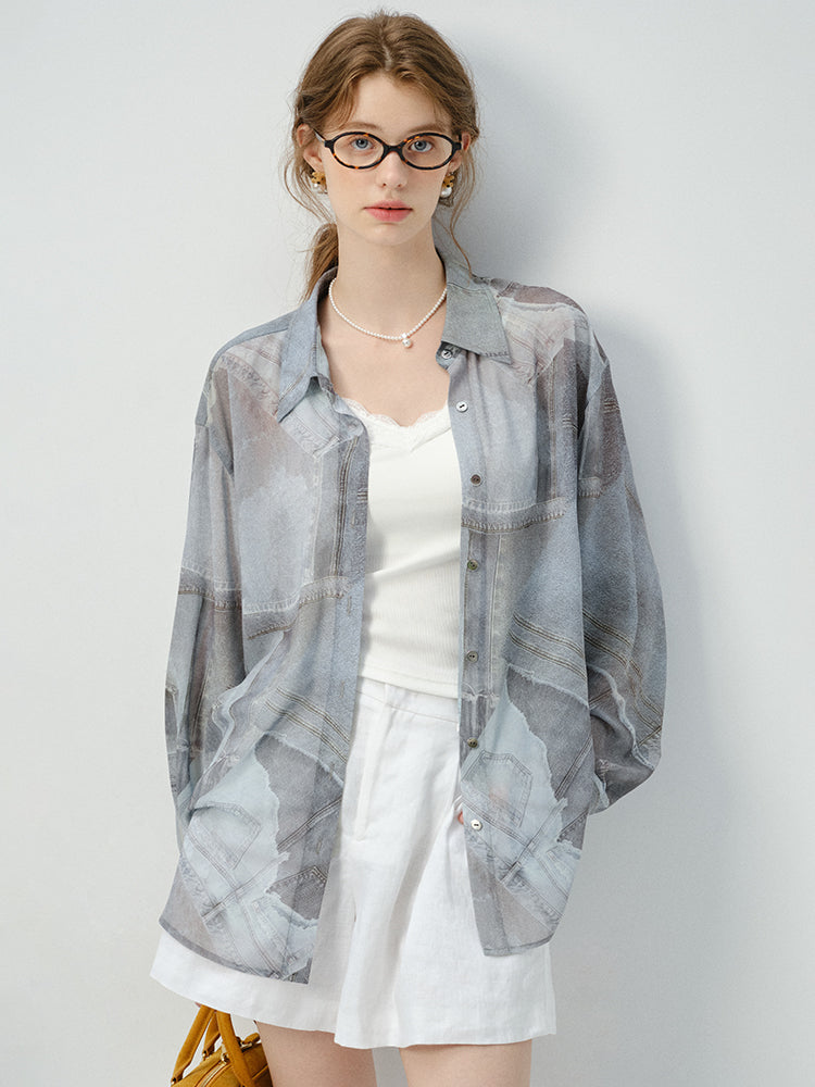 Denim-Print Button-Up Shirt