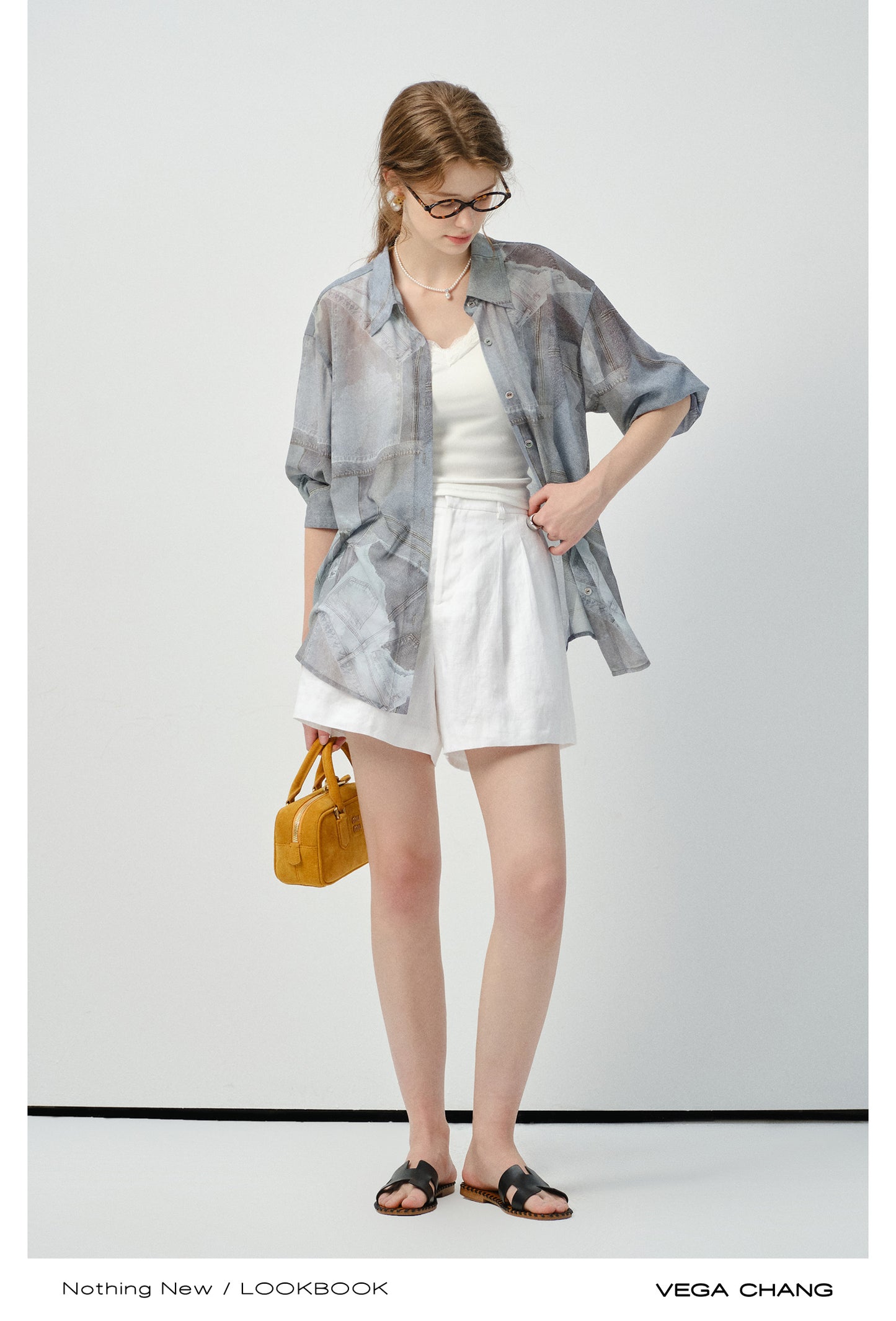 Denim-Print Button-Up Shirt
